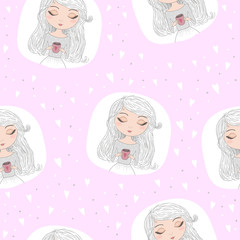 Hand drawn seamless pattern with beautiful cute girl with cup in his hands. Vector illustration