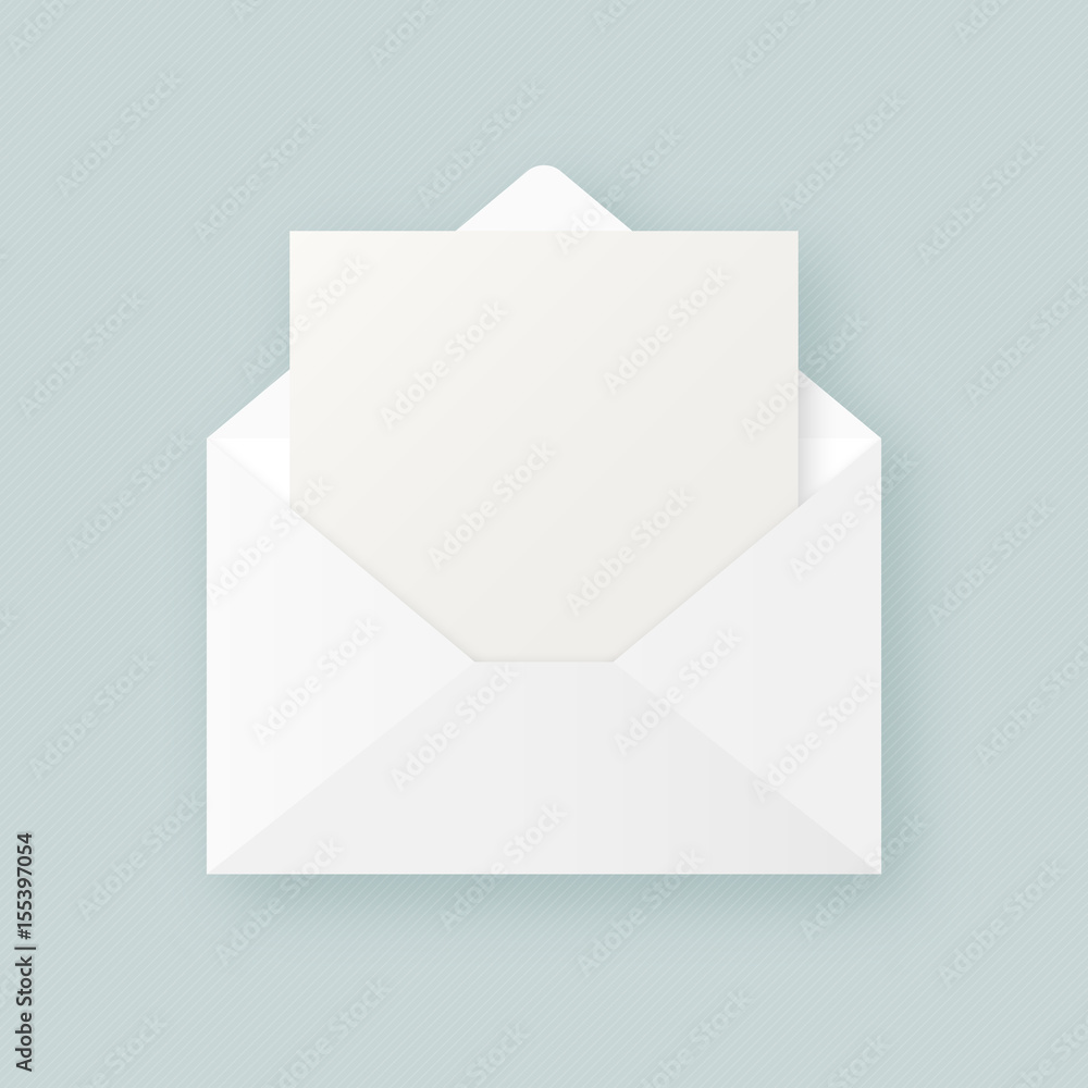 Poster clean white realistic open envelope with blank empty paper sheet vector mockup. abstract open letter