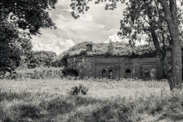Obraz premium Old war buildings black and white style in Vallisaari, Helsinki, Finland. 08 August 2016