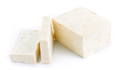 Closeup tofu and mint on white background