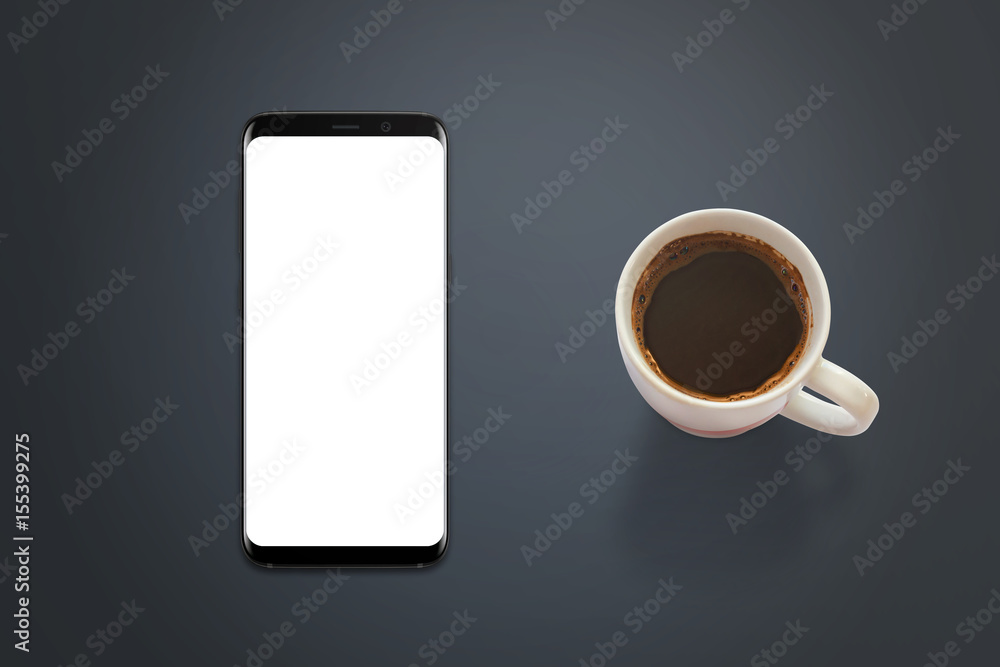 Aufkleber modern smart phone mockup. top view of desk with phone and cup of coffee. black phone with round edg
