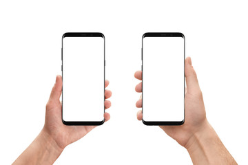 Isolated mobile phones in woman and man hand. Isolated white, blank screen for mockup, app...