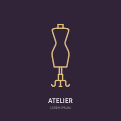 Illustration of tailor dummy, mannequin. Dress shop line logo. Vector flat sign for atelier.