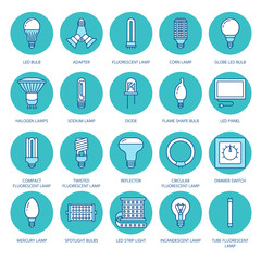 Light bulbs colored flat line icons. Led lamps types, fluorescent, filament, halogen, diode and other illumination. Thin linear signs for idea concept, electric shop.