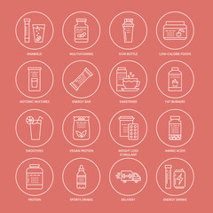 Sport nutrition flat line icons. Bodybuilding food, energy bar, protein, amino acids, anabolic, vitamins. Thin linear signs for gym fitness shop.