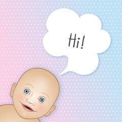 Quadratisches Karten-Design zur Geburt: Baby mit Sprechblase „Hi!“