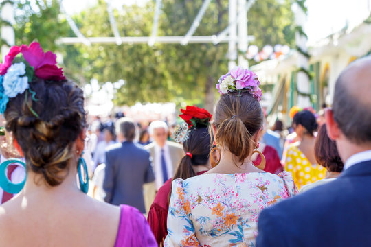 Women Wearing Flamenco Dress At Feria De Abril De Sevilla (Seville April Fair).