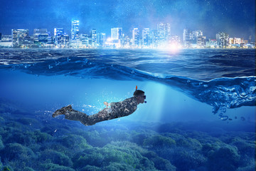 Diving in water businessman . Mixed media