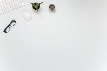 Office Desk with Glasses, Keyboard, Mouse, Fat plant and Coffee Mug - Top Left