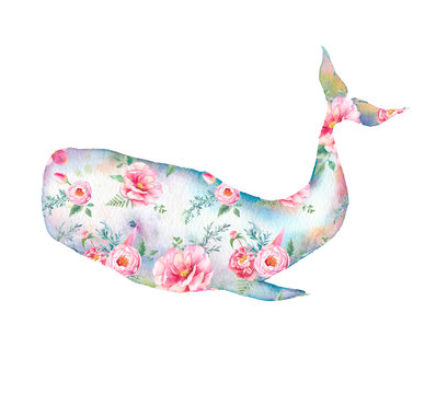 Whale with flowers artwork. Watercolor print with cachalot whale and tulip, roses, peonies bouquet pattern. Hand painted animal silhouette isolated on white background. Creative natural illustration