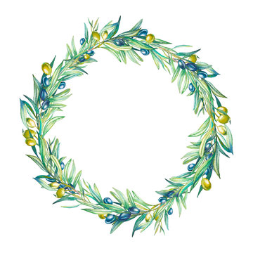 Watercolor olive tree branches wreath. Hand painted round floral frame isolated on white background. Summer botanical illustration for logo, label, banner or card