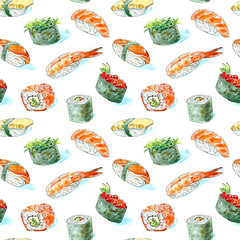 Fototapety  Jednolity wzór gunkan, sushi i rolki. Kuchnia japońska. Krewetki, łosoś, omlet, czerwony kawior i chuka. Ilustracja akwarela ręcznie rysowane. Białe tło.