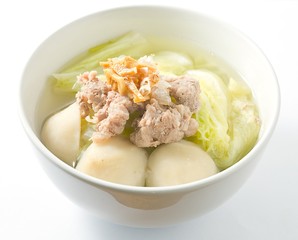 Lettuce Clear Soup with Meat Ball on White Background
