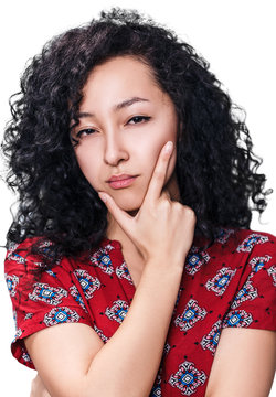 Portrait of suspicious young woman.