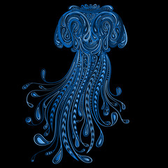 Vector blue jellyfish of a variety of patterns on a black background