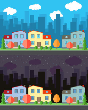 Vector city with three cartoon houses and buildings in the day and night.Summer urban landscape. Street view with cityscape on a background
