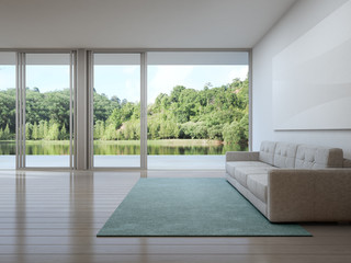 Fototapeta premium Living room of luxury house with lake view in modern design, Vacation home for family - Interior 3d rendering