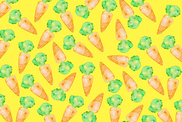 Naklejka premium Tasty appetizing colorful background with hand drawn carrots on yellow background. Pattern seamless. Food concept.