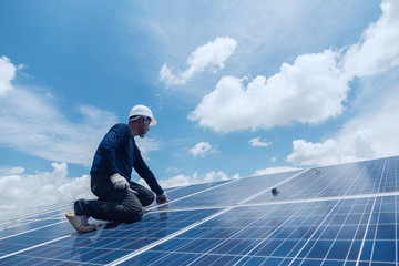 engineer and electrician team swapping and install solar panel ; electrician team checking hot spot...