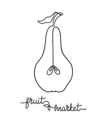 Stylized drawing of pear in one continuous line and Fruit market hand lettering