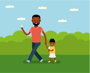 Happy Father's Day. Dad with daughter in the Park. Happy holiday. African Americans family. Vector illustration in cartoon flat style