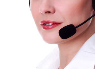 Closeup shot of happy smiling friendly support phone operator in headset, isolated on white...