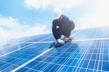 engineer and electrician team swapping and install solar panel ; electrician team checking hot spot...