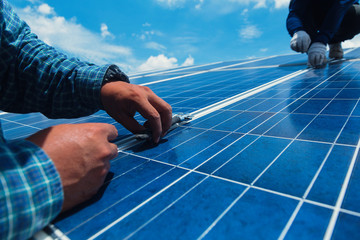 engineer and electrician team swapping and install solar panel ; electrician team checking hot spot...
