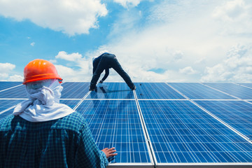 engineer and electrician team swapping and install solar panel ; electrician team checking hot spot...