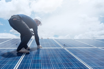 engineer and electrician team swapping and install solar panel ; electrician team checking hot spot...