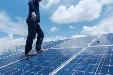 engineer and electrician team swapping and install solar panel ; electrician team checking hot spot...