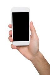 Male hands pointing on blank mobile phone screen