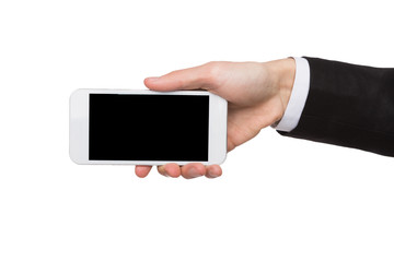 Male hand hold blank mobile phone screen