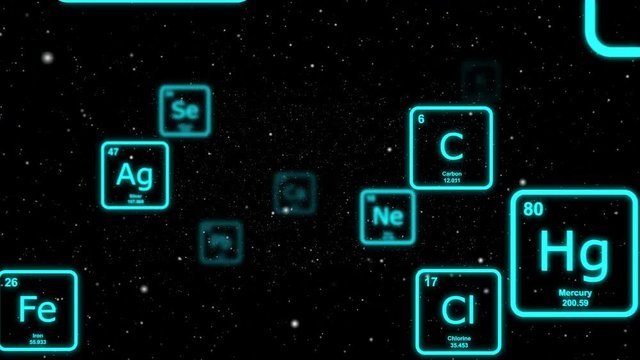 Blue chemical elements from the periodic table floating by on a starscape background. Seamlessly loopable animation.