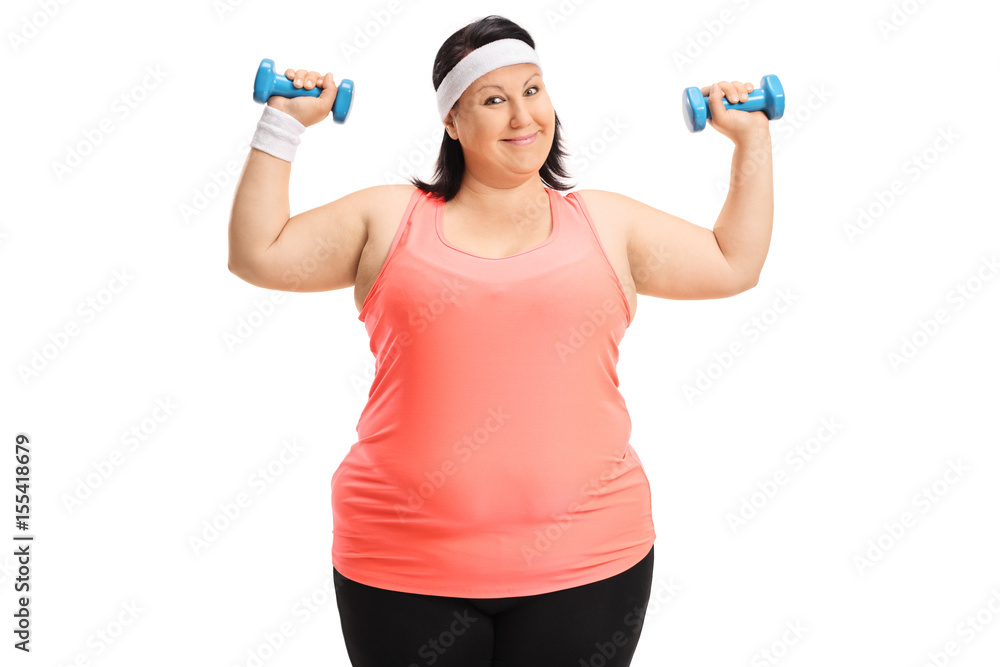 Poster Overweight woman exercising with small dumbbells