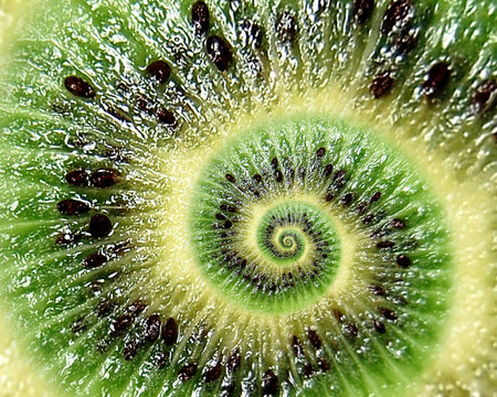 Kiwi abstract texture fractal spiral. Kiwi background. Abstract green black fruit fractal effect. Food incredible background. Funny fresh fruits. Green kiwi. Kiwi effect round circle spiral