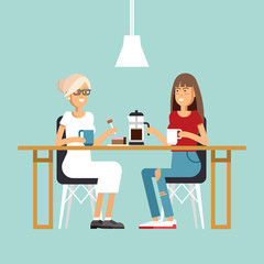 vector image of two girls at the cafe