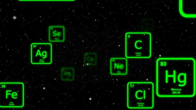 Green chemical elements from the periodic table floating by on a starscape background. Seamlessly loopable animation.