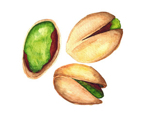Watercolor hand drawn illustration of Pistachios set isolated on white art