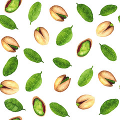 Watercolor hand drawn illustration seamless pattern background with Pistachios and leaves on white art