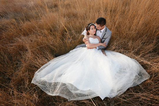 Pre wedding photos of bride and groom asian in concept love of family and fashion.