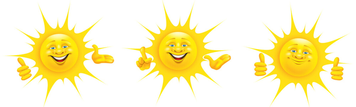 Collection of happy sun character with different hand gestures