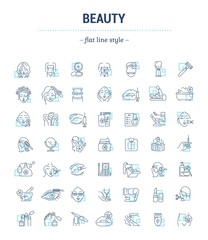 Vector graphic set. Icons in flat, contour, thin, minimal and linear design.Beauty. Attributes of beauty for men and women.Concept illustration for Web site.Sign,symbol, element.