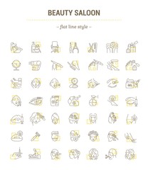 Vector graphic set.Isolated Icons in flat, contour, thin, minimal and linear design.Beauty saloon.Care of hair, face and body. Beauty treatments.Concept illustration for Web site.Sign,symbol, element.