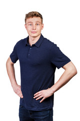 Fototapeta premium Man in navy polo t-shirt on white background with smile.