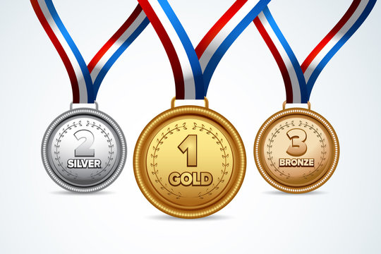 Champion gold, silver and bronze award medals with red ribbons. Isolated vector illustration.