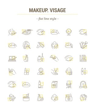 Vector graphic set.Isolated Icons in flat, contour, thin, minimal and linear design.Makeup silhouette.Stylist is a makeup artist.Applying makeup.Concept illustration for Web site.Sign,symbol, element.