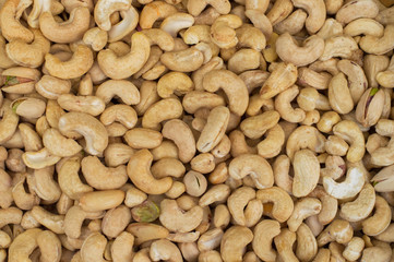 Cashews rich in heart friendly fatty acids. Healthy food. Cashew nuts as food background. Top view. Close-up