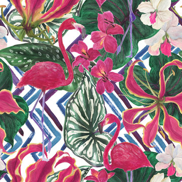 Watercolor painting seamless pattern with exotic lily, orchid flowers and palm leaves. Tropical summer background with flamingo birds