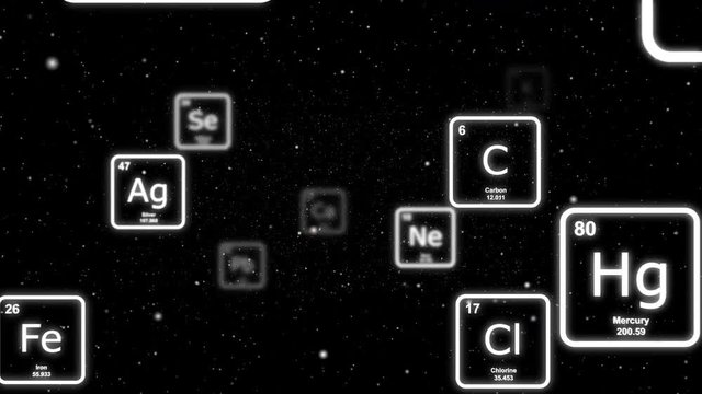 White chemical elements from the periodic table floating by on a starscape background. Seamlessly loopable animation.